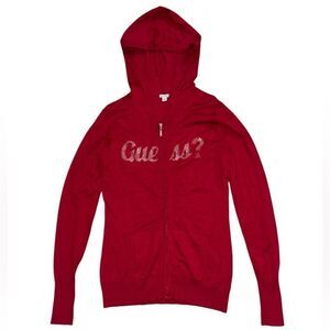 Guess Women's Y2K Cherry Red Zip Up Rhinestone Hoodie Size Large